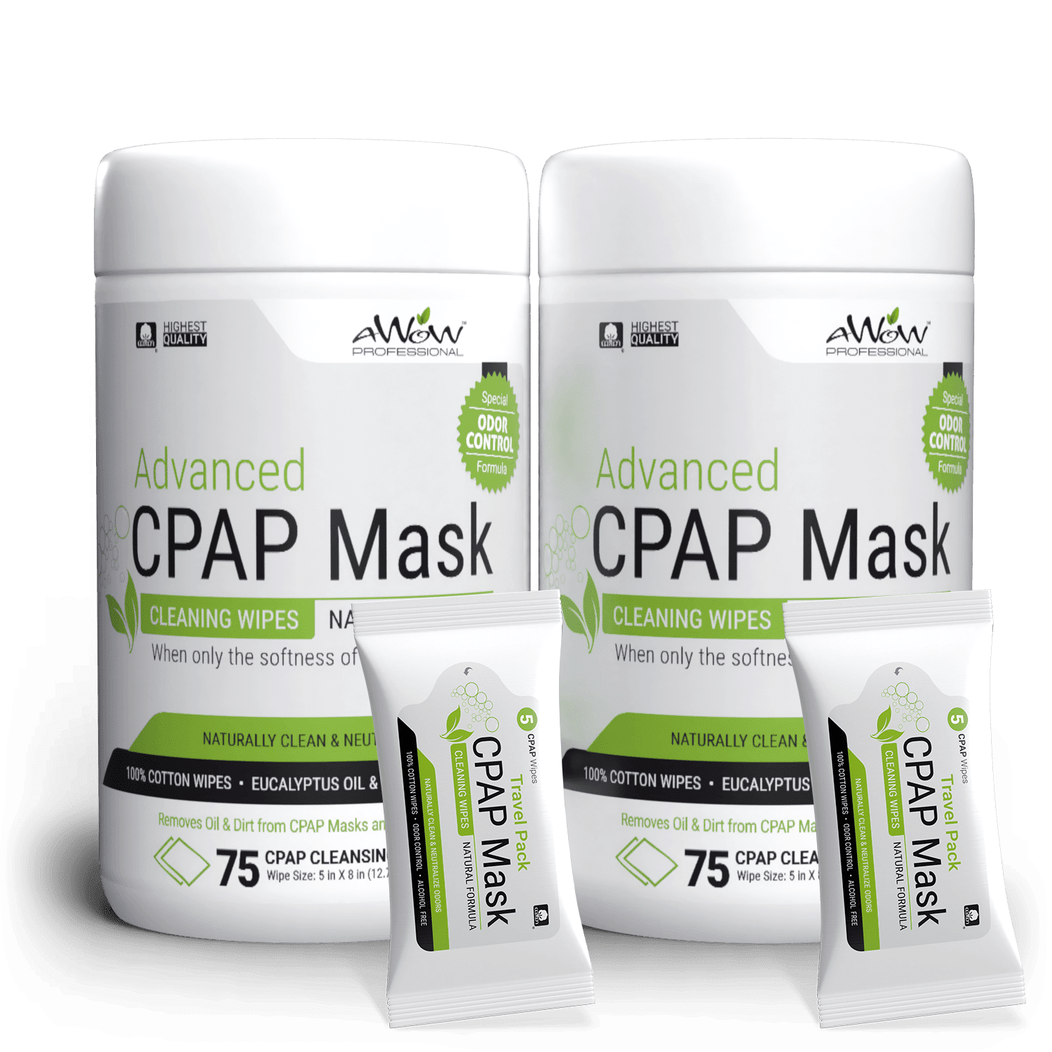 AWOW Professional CPAP Mask Cleaning Wipes Odor Control 75ct, 2pk