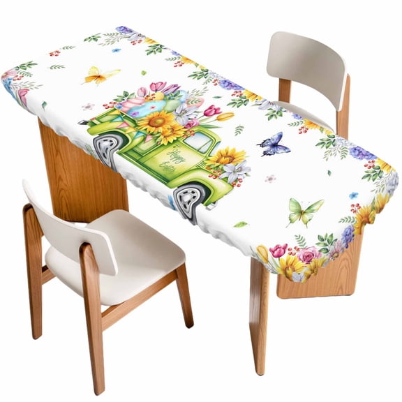 Happy Easter Table Cloths for 8 Foot Rectangle Tables, Watercolor Truck Eggs Flowers Butterfly Botanical Patio Waterproof Elastic Fitted Tablecloths, Washable Rectangular Table Cover for Camping