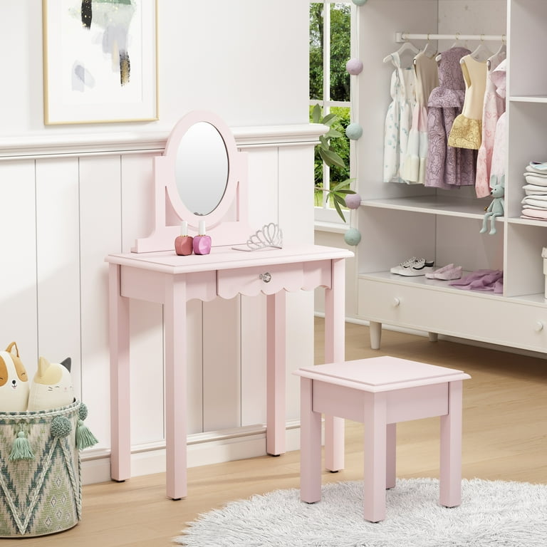 HLR Modren Little Girls Kids Vanity Set with Mirror and Stool 2 in 1 Toddler Vanity Makeup Desk for Little Girls