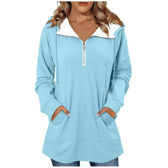 Womens Long Length Hoodies, Long Sleeve Pullover for Women Fashion Loose Fit Solid Color Half Zip Up Sweatshirts with Pockets Fall Clothes