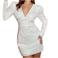 thumbnail image 1 of AherBiu Robe à Paillettes pour Femmes à Manches Longues, Décolleté en V Profond, Scintillante, Ajustée, Mini Robe de Soirée, Tenue de Boîte de Nuit Scintillante, 1 of 5