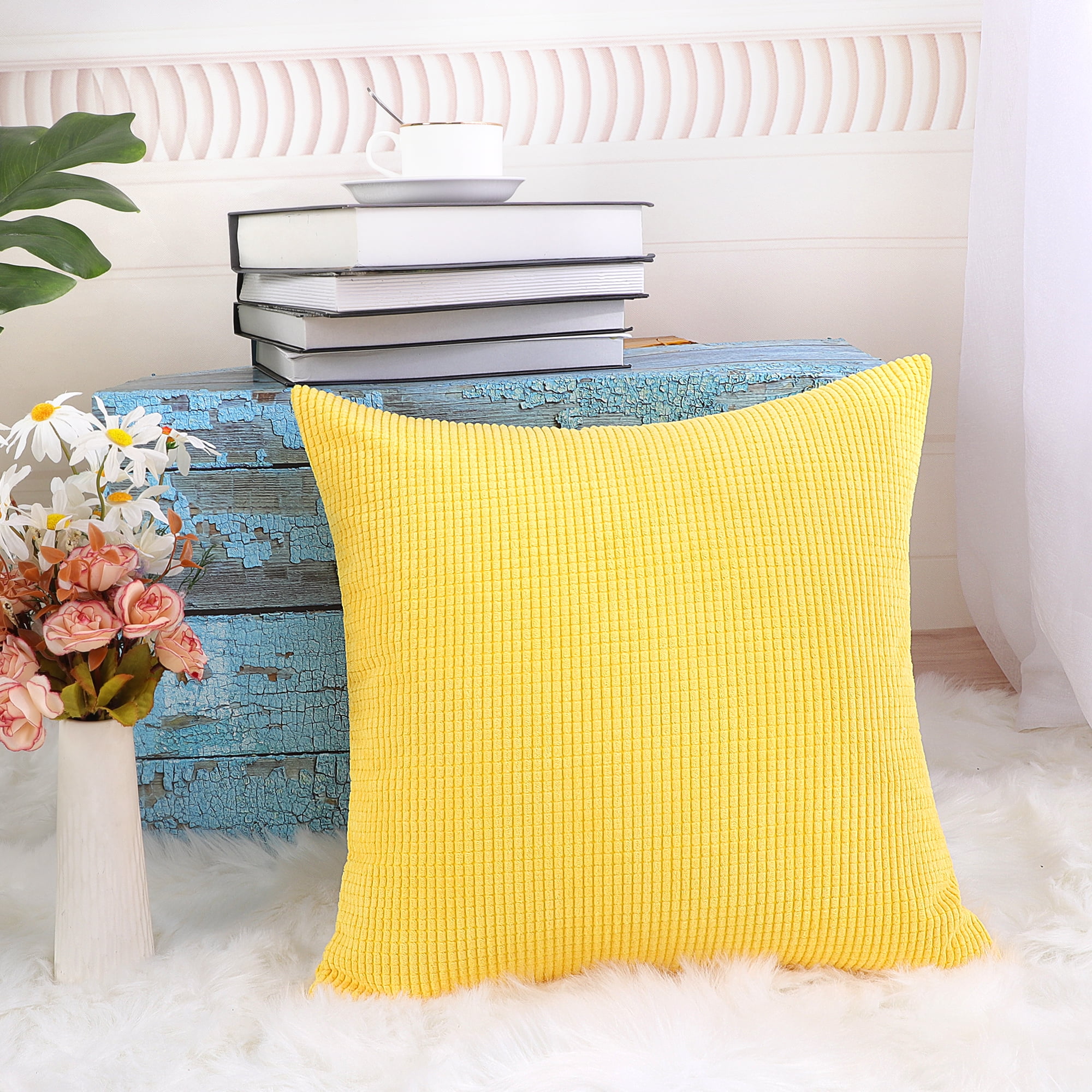 Unique Bargains Corduroy Texture Decorative Throw Pillow Cover Yellow 18" x 18"