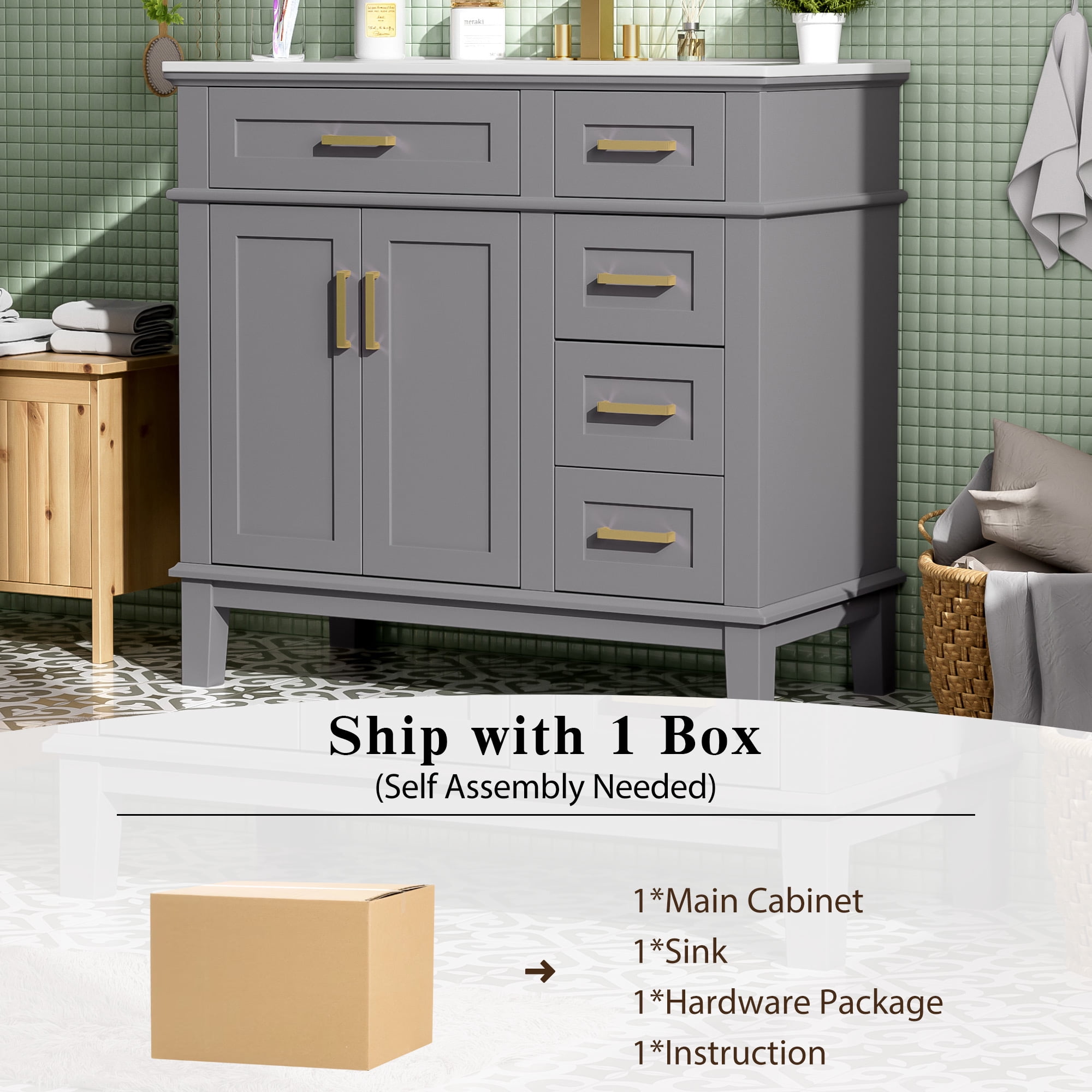 Euroco 36" Bathroom Cabinet with Ceramic Sink, Soft-Close Doors, Golden Handles, Ample Storage, and Overflow Protection