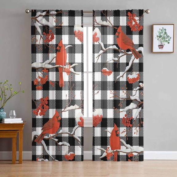 Christmas Cardinal Sheer Curtains 84 Inches Long, Winter Xmas Bird Branch Black White Plaid Light Filtering Window Curtains for Living Room, Rod Pocket Voile Sheer Curtain Drapes, 52"Wx84"L, 2 Panels