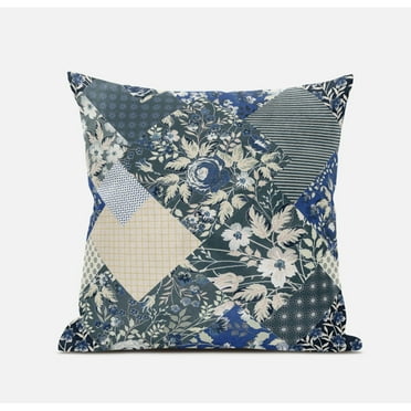 Arizona Floral Patches Suede Zippered Pillow W Insert in White Blue 18 x 18
