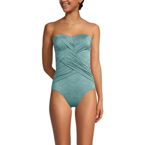 Lands' End Women's Slender Suit Shine Bandeau Tummy Control High Leg One Piece Swimsuit