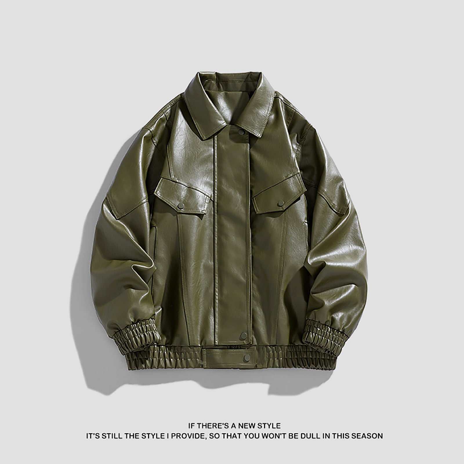 HOOMEUMY Mens Faux Leather Jacket Casual Workout Drop Shoulder Clothes Fashion 2025 Trendy Classic Solid Coat Turndown Collar Design Vintage Loose Fit Biker Outwear Pockets Jacket Green XL
