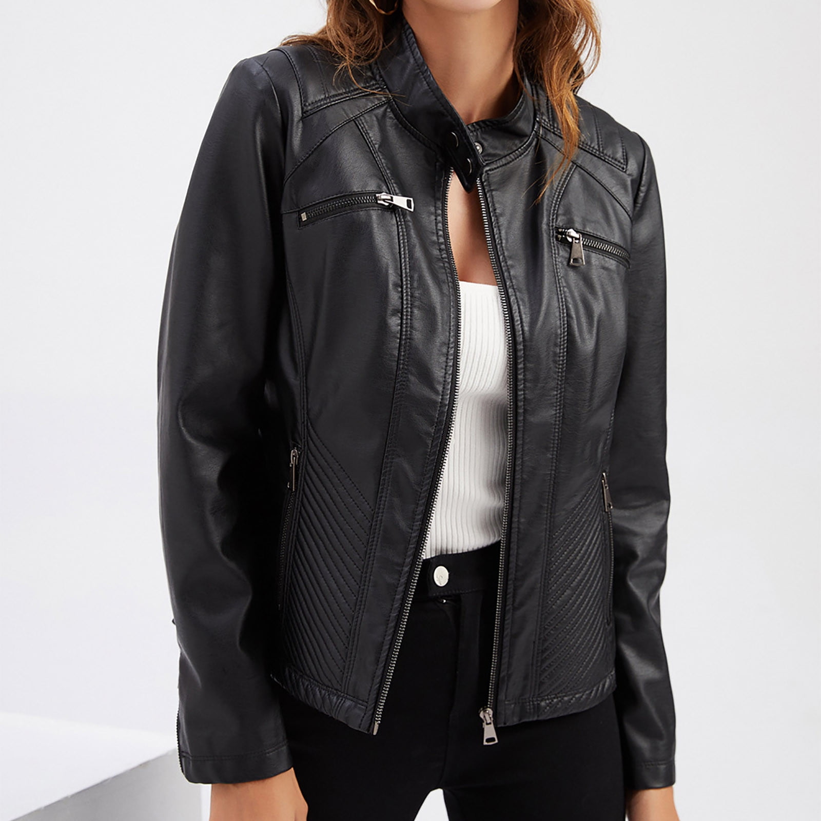 IROINID Women's Short Faux Leather Jacket Stand Collar Solid