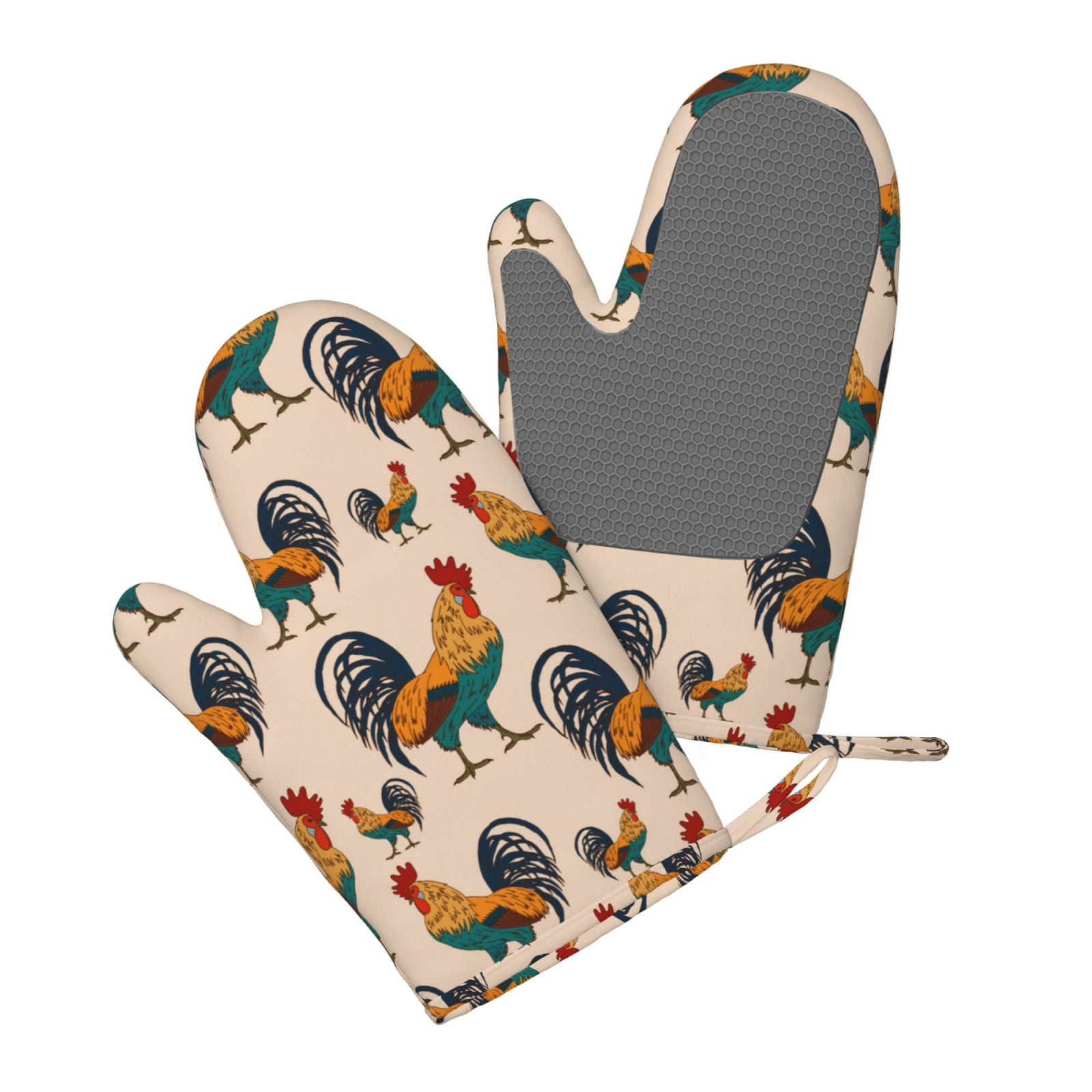 Hirioo Rooster for Silicone Oven Mitts for BBQ, Baking, Cooking, Set of 2, Heat Resistant 260℃, Non-Slip Kitchen Essentials