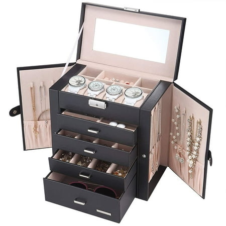Jewelry Box Store Near Me OTVIAP Synthetic Leather Huge Jewelry Box Mirrored Watch Organizer Necklace Ring Earring Storage,Watch Organizer , Storage Lockable Gift Case ()