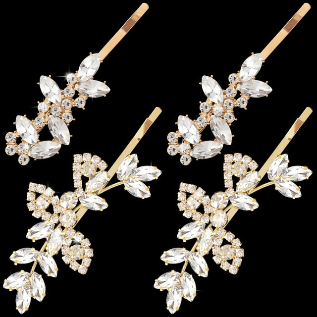 Isslly 4 pinzas para el pelo con diamantes de imitación dorados, horquillas de cristal para novia, 2 estilos, horquillas francesas, pasadores de aleación con forma de hoja para mujeres para fiestas de