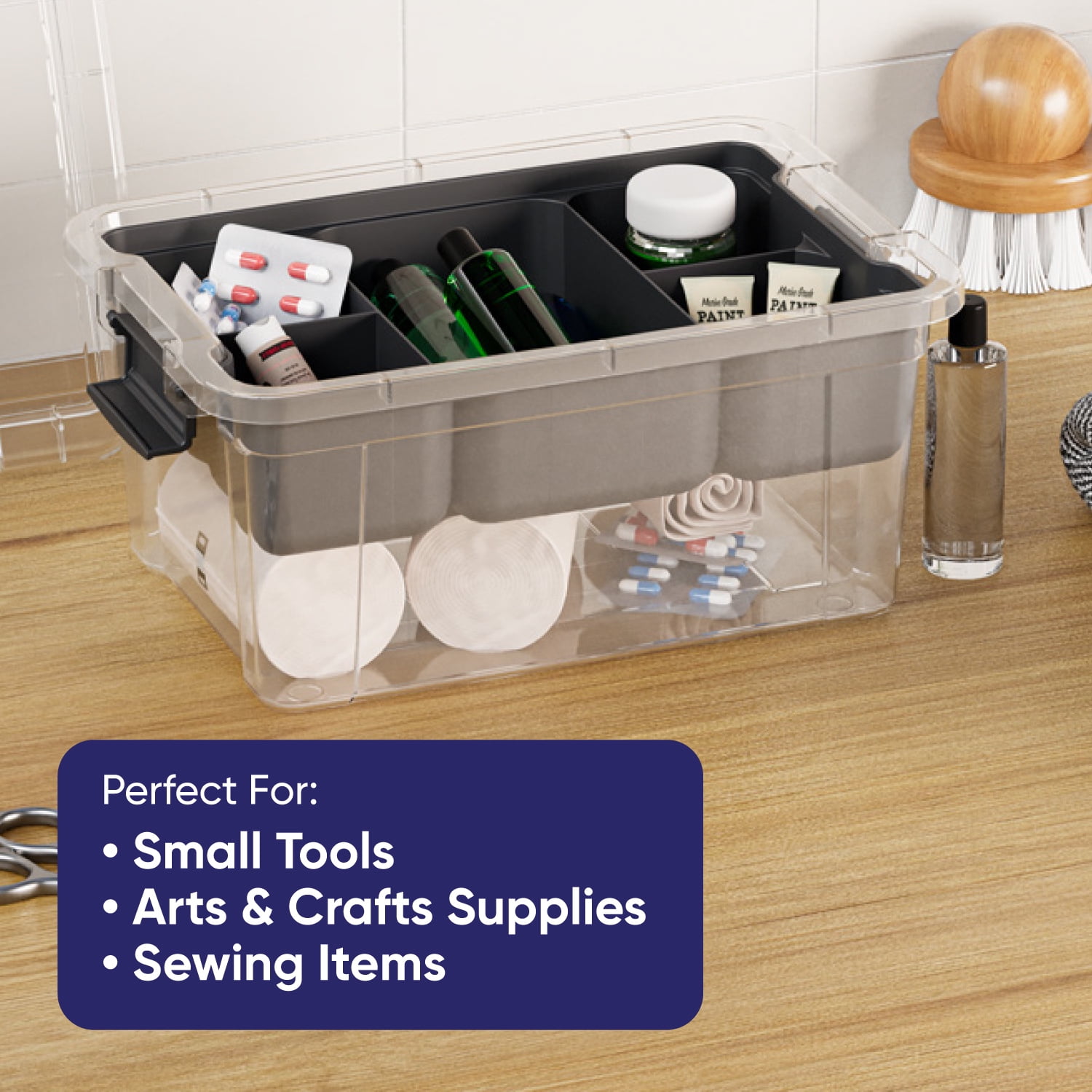 Superio Storage Container Organizing Bin with Removable Tray Plastic Tools, Sewing, Crafts Box, 6.5 Qt, 2 Pack