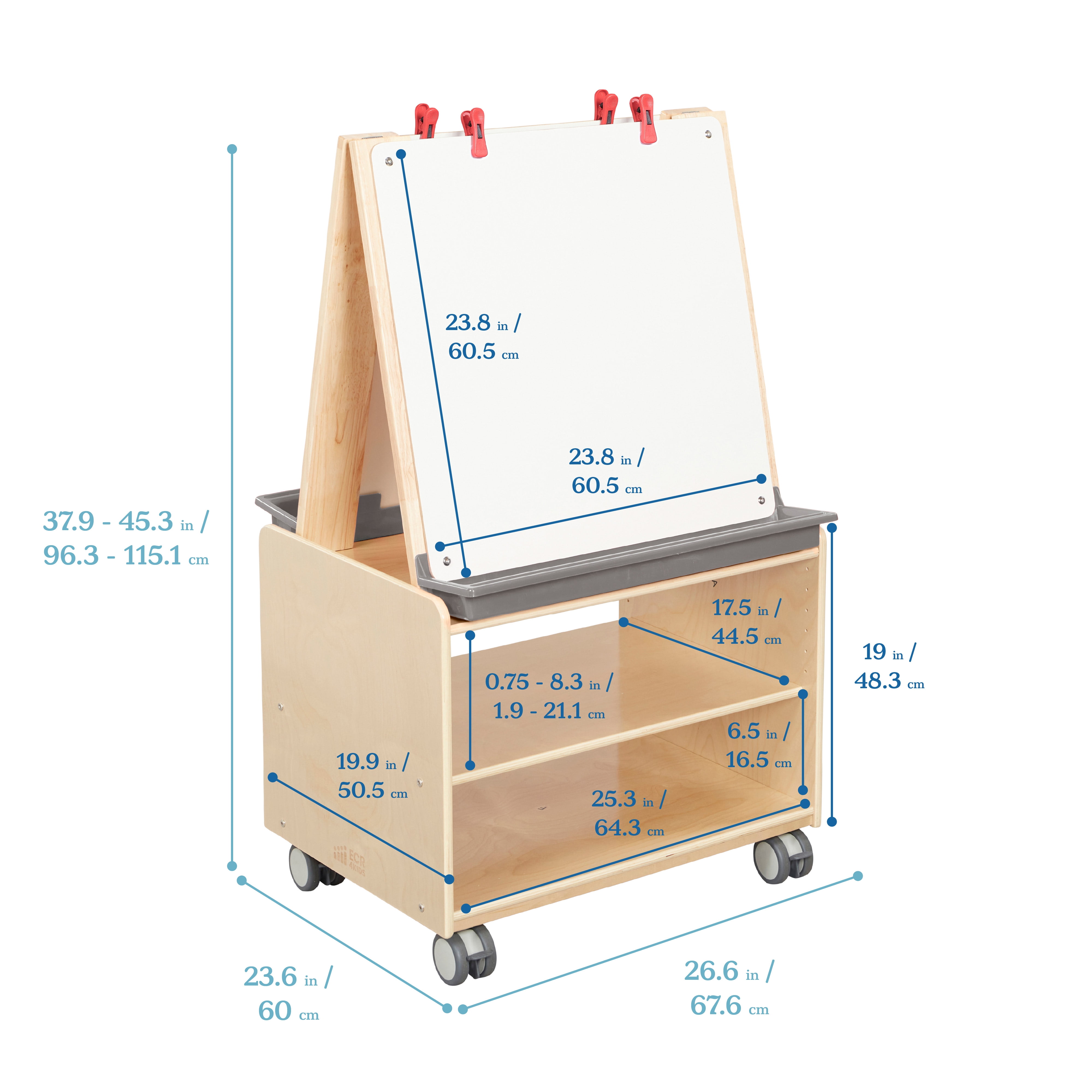 ECR4Kids Double-Sided Mobile Art Easel with Storage and Clips, Classroom Supplies, Natural