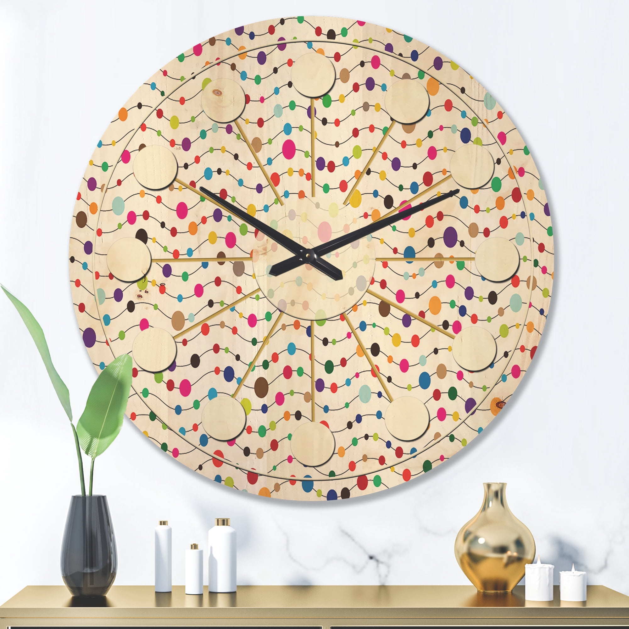 Designart 'Color Waves of Polka Dots On White' Mid-Century Modern Wood Wall Clock
