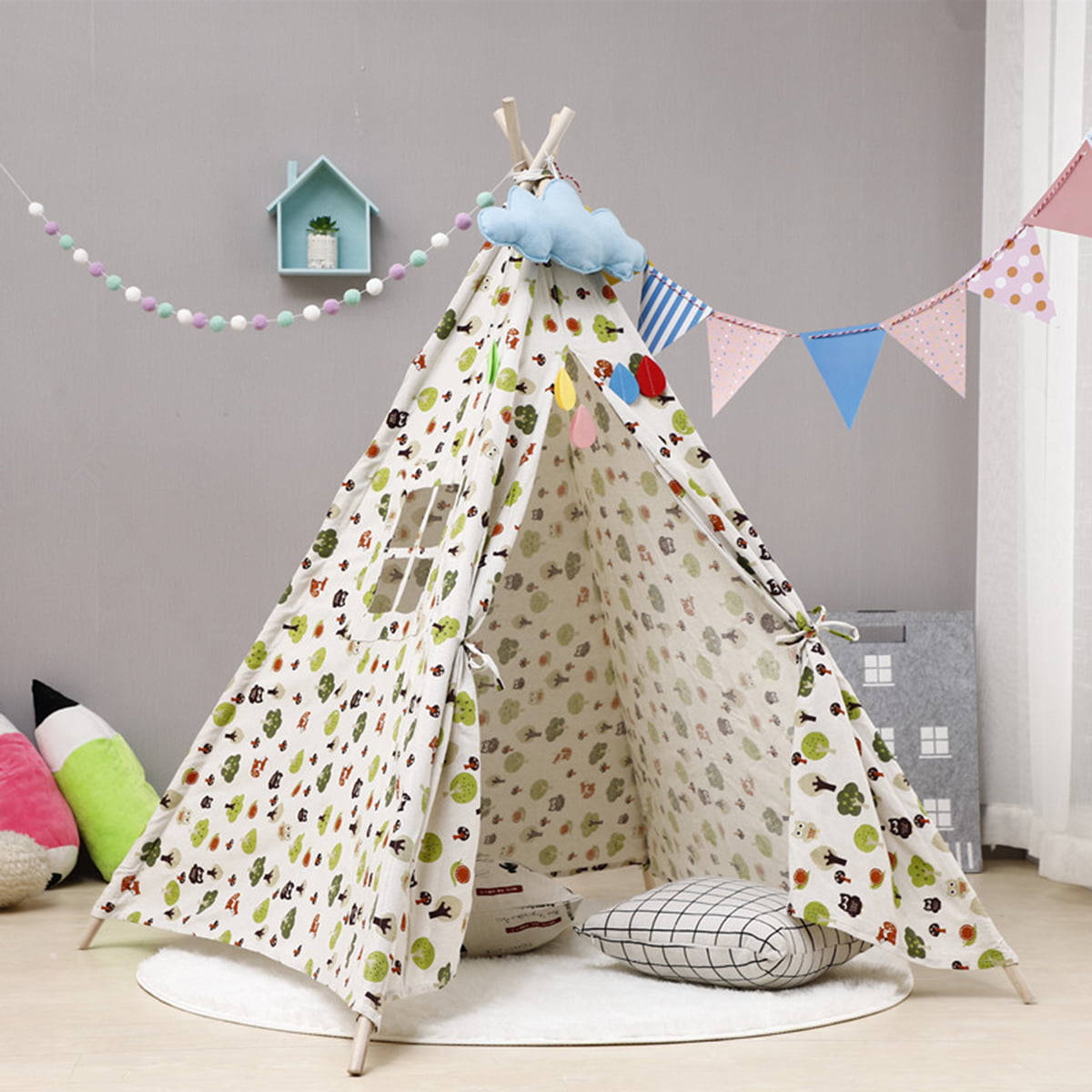 Indoor Indian Playhouse Toy Teepee Play Tent for Kids Toddlers Cotton w/ Mat 35" 