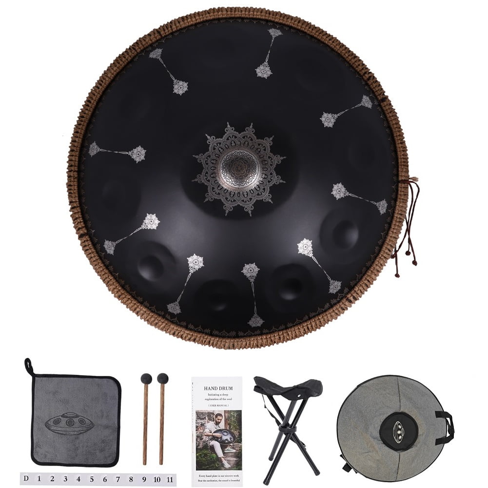 440HZ Steel Tongue Drum D Minor 10 Notes Handpan Drum Black with Mandala Pattern