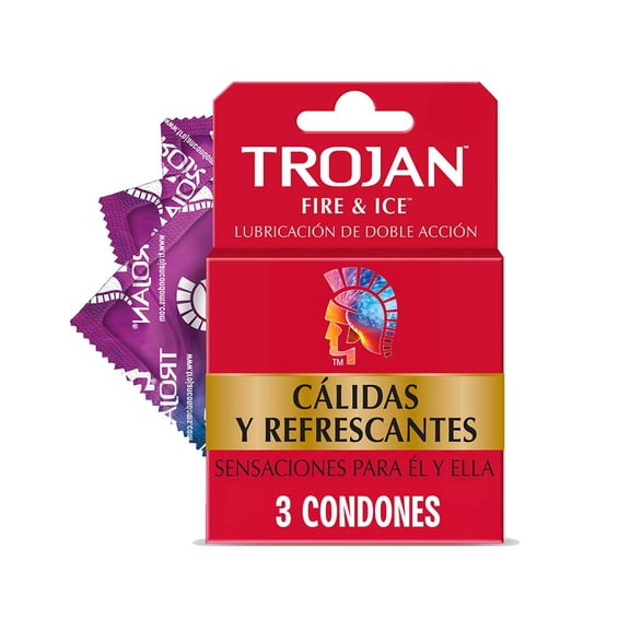 Trojan Condones Fire & Ice Caja con 3 piezas. Con Lubricación de Doble Acción, Sensación de Calor y Frío para Él y Ella. Probados Electrónicamente