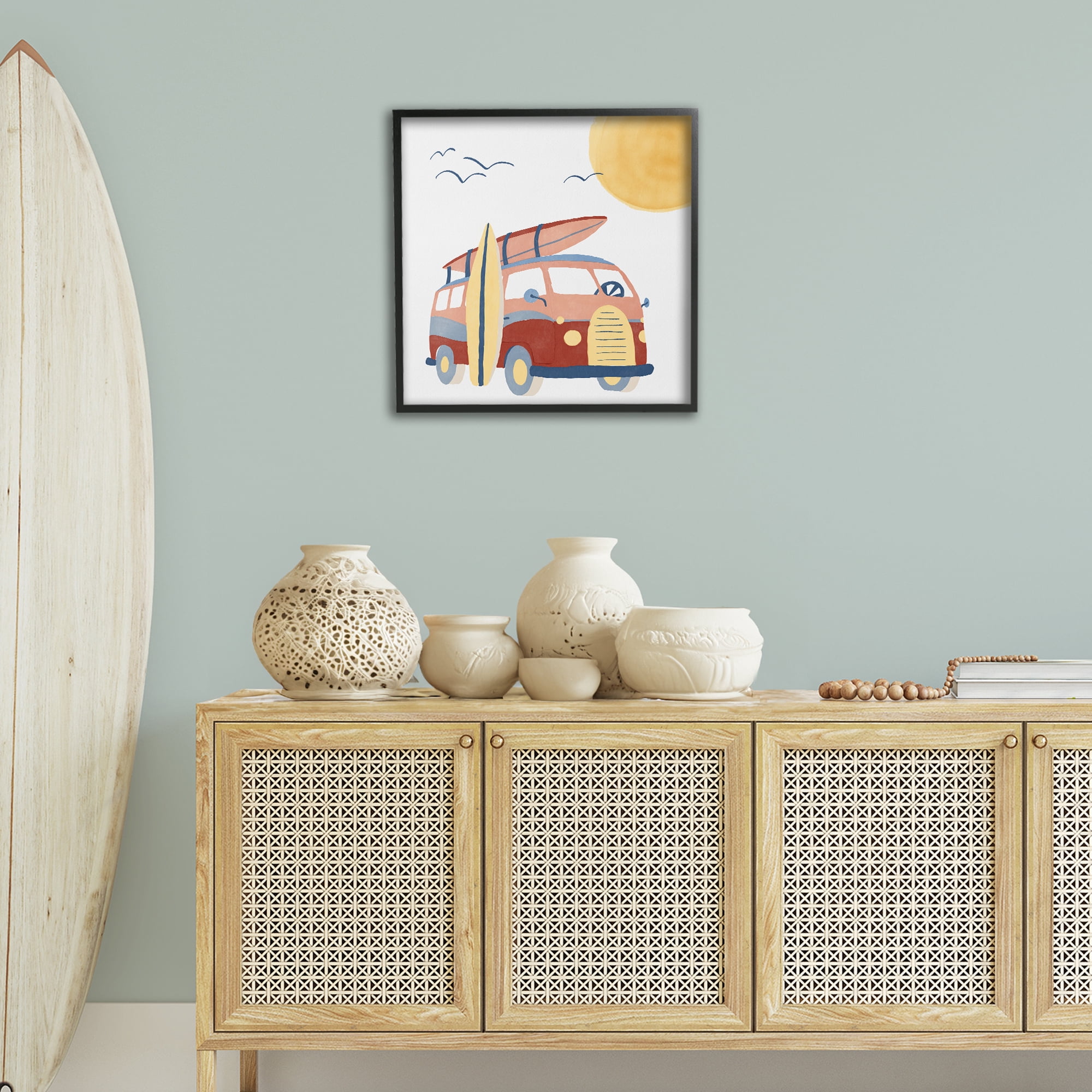 Stupell Industries Summer Surf Bus Transportation Painting Black Framed Art Print Wall Art, 24 x 24