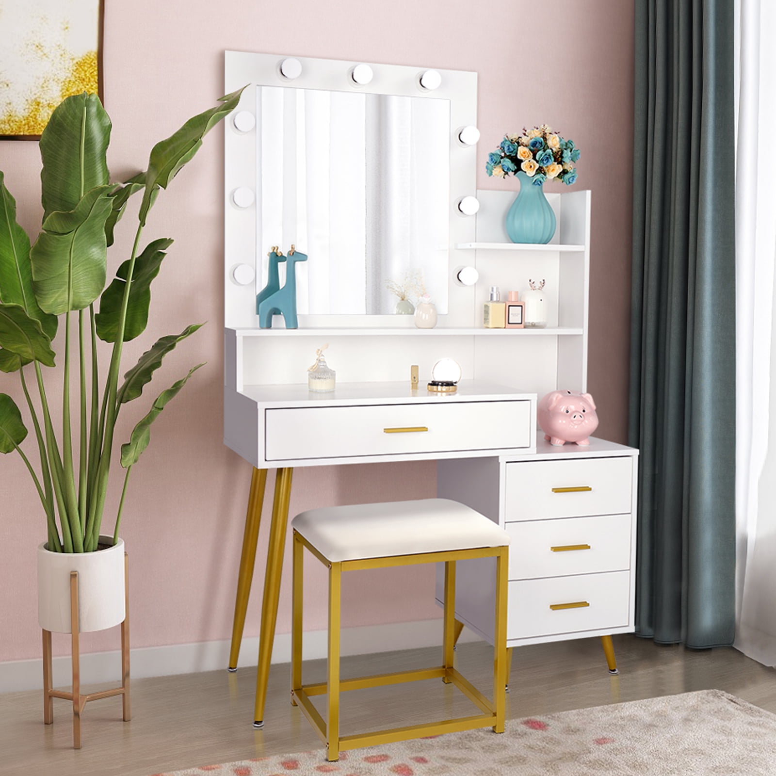 Large Vanity Set with 9 LED Bulbs, Makeup Table with Cushioned Stool, 3 Storage Shelves 4 Drawers, Dressing Table Dresser Desk for Women, Girls, Bedroom, White