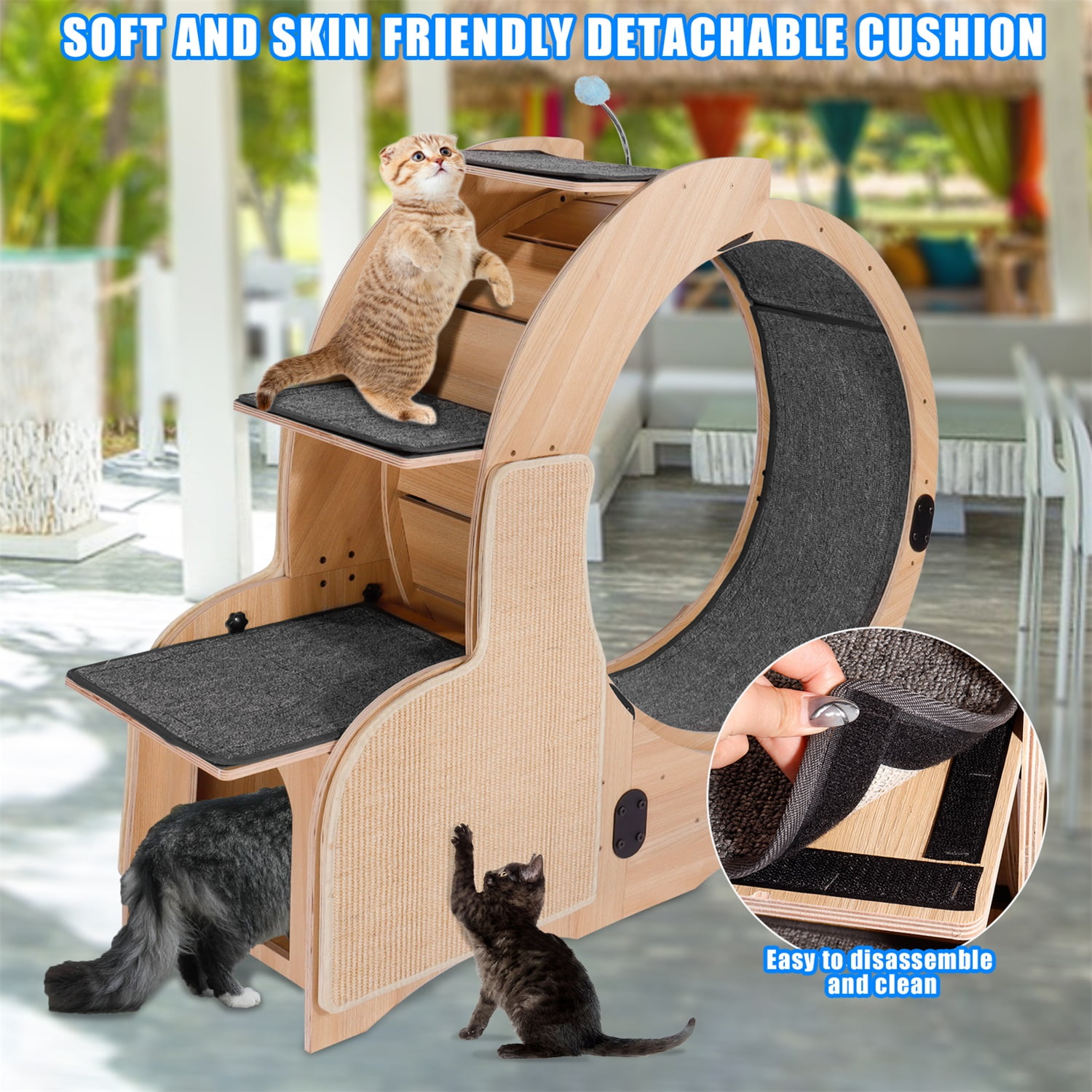 Pefilos 46" Cat Sports Running Wheel, Cat Exercise Wheel Wood Climbing Frame, Cat Litter Fitness Wheel, Oversized Roller Cat Indoor Activity Center, Beige Pefilos 46" Cat Sports Running Wheel, Cat Exercise Wheel Wood Climbing Frame, Cat Litter Fitness Wheel, Oversized Roller Cat Indoor Activity Center, Beige