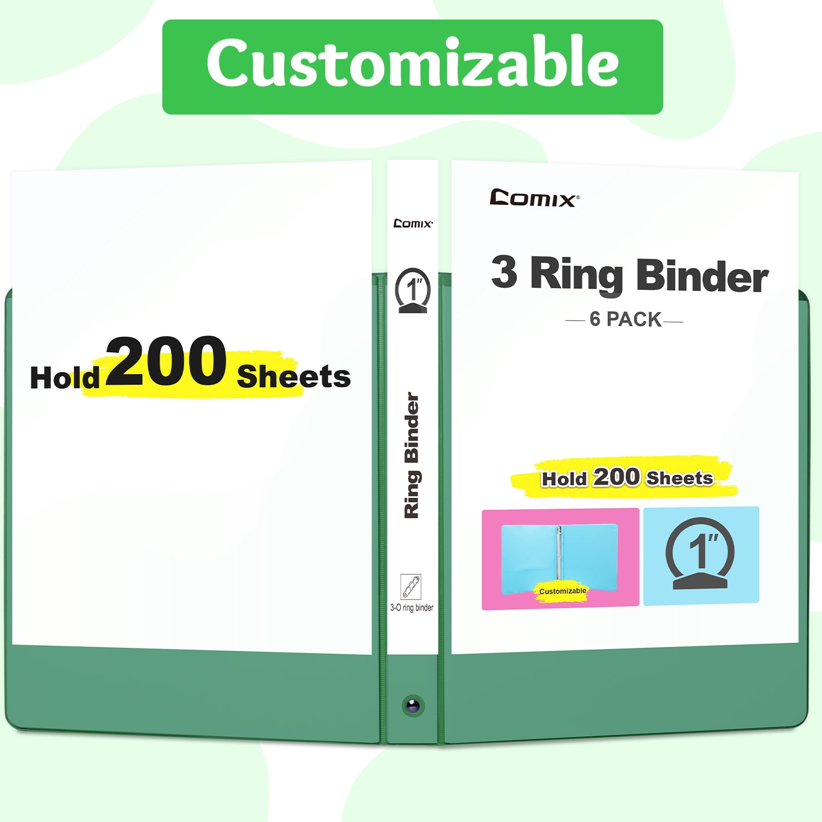 Comix 1 inch 3-ring Binder,Round Ring,200 Sheets Capacity,6 Pack Green