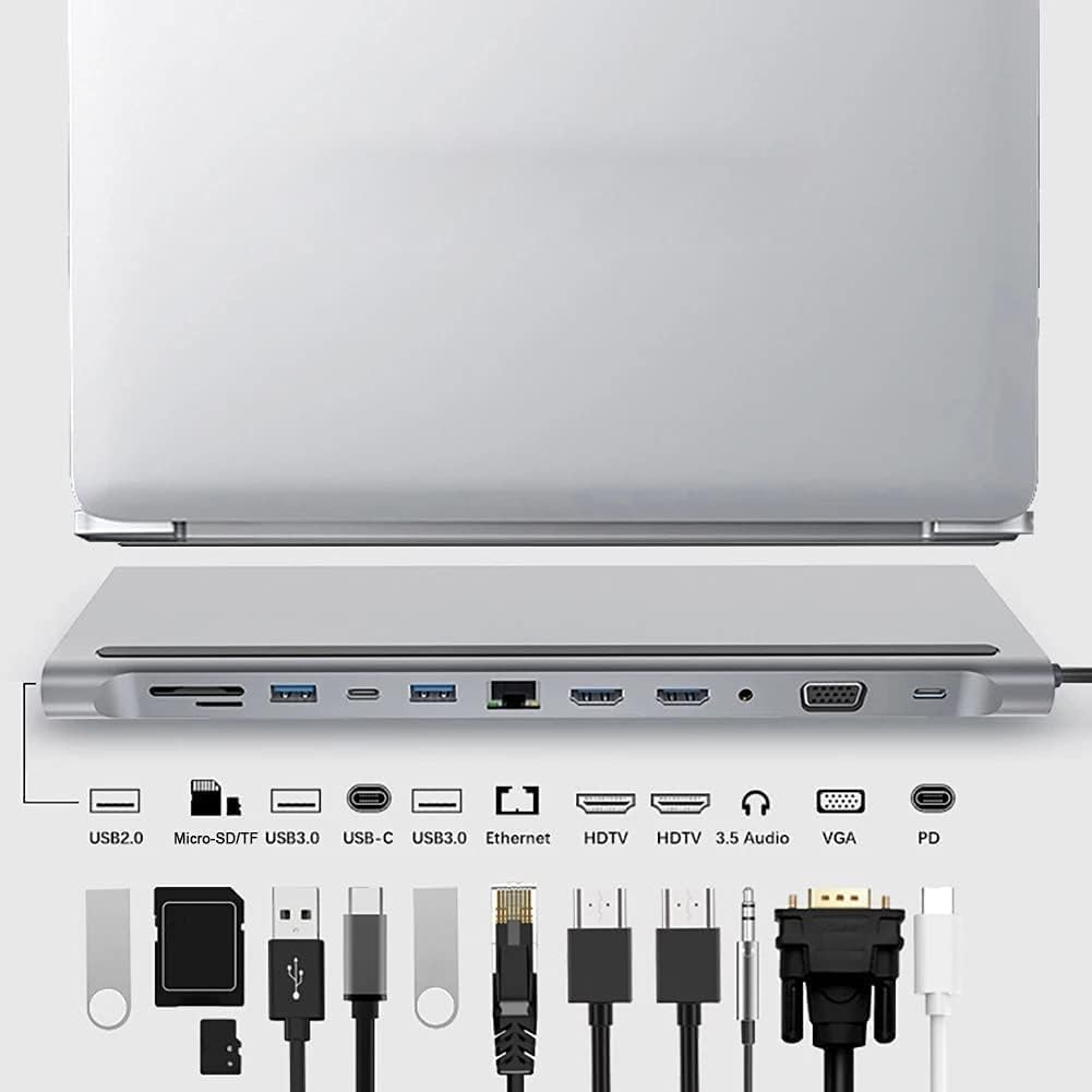 USB Hub, 12-in-1 USB C Hub Notebook Docking Station, Type-C to Dual HDMI Compatible/VGA/USB 3.0 Hub/PD/RJ/Micro-SD/TF, Compatible with PC, Mac, Printer