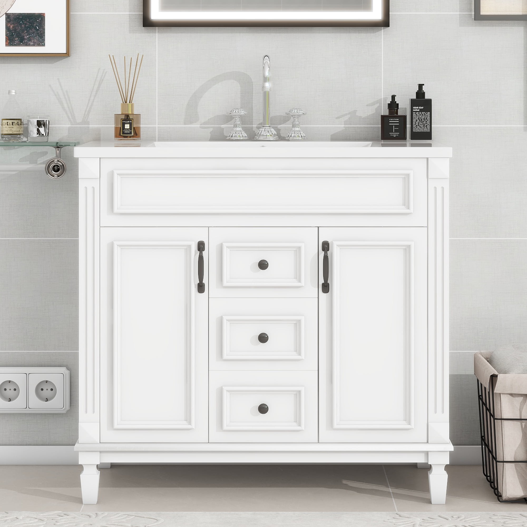 Euroco Modern Bathroom Vanity with Sink – 3-Hole Basin, Concealed Storage, Soft-Close Doors & Drawer – Freestanding Bathroom Cabinet with Water-Resistant Finish, Easy Assembly
