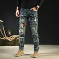 thumbnail image 3 of Pantalones vaqueros masculinos, pantalones vaqueros de motocicleta con bordado punk para hombres, ropa urbana Y2k lavada, ropa Kpop de los años 2000, alta calidad, verano, 3 of 4
