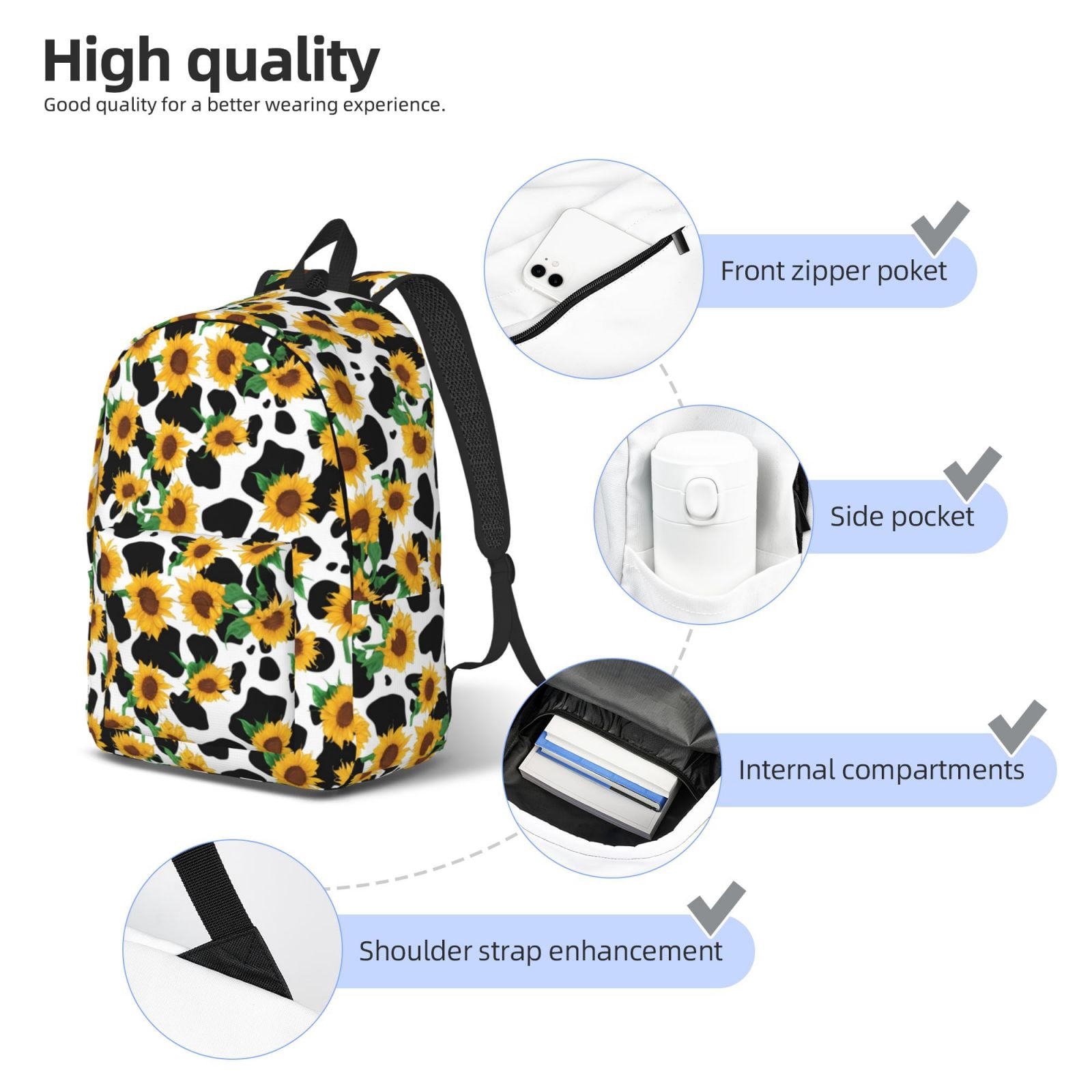 Rateoe Cute Cow Print Sunflower C Pattern Canvas College Laptop Backpack,Travel Daypack,Durable Rucksack Travel Notebook Bag School Backpack Book Bag for Men Women-Medium