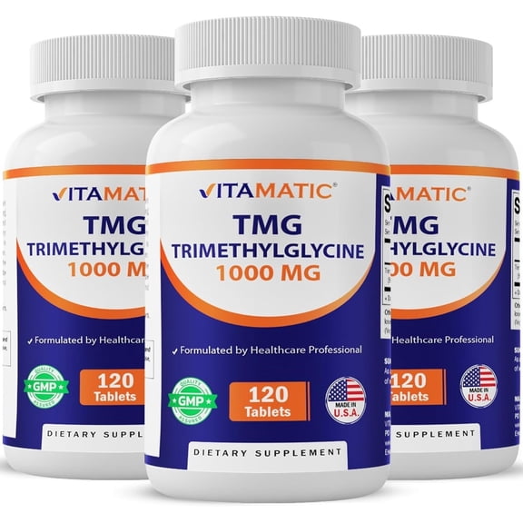 Vitamatic TMG Supplements 1000mg Trimethylglycine Betaine Anhydrous Non-GMO Gluten Free 3 Bottles 120 Tablets
