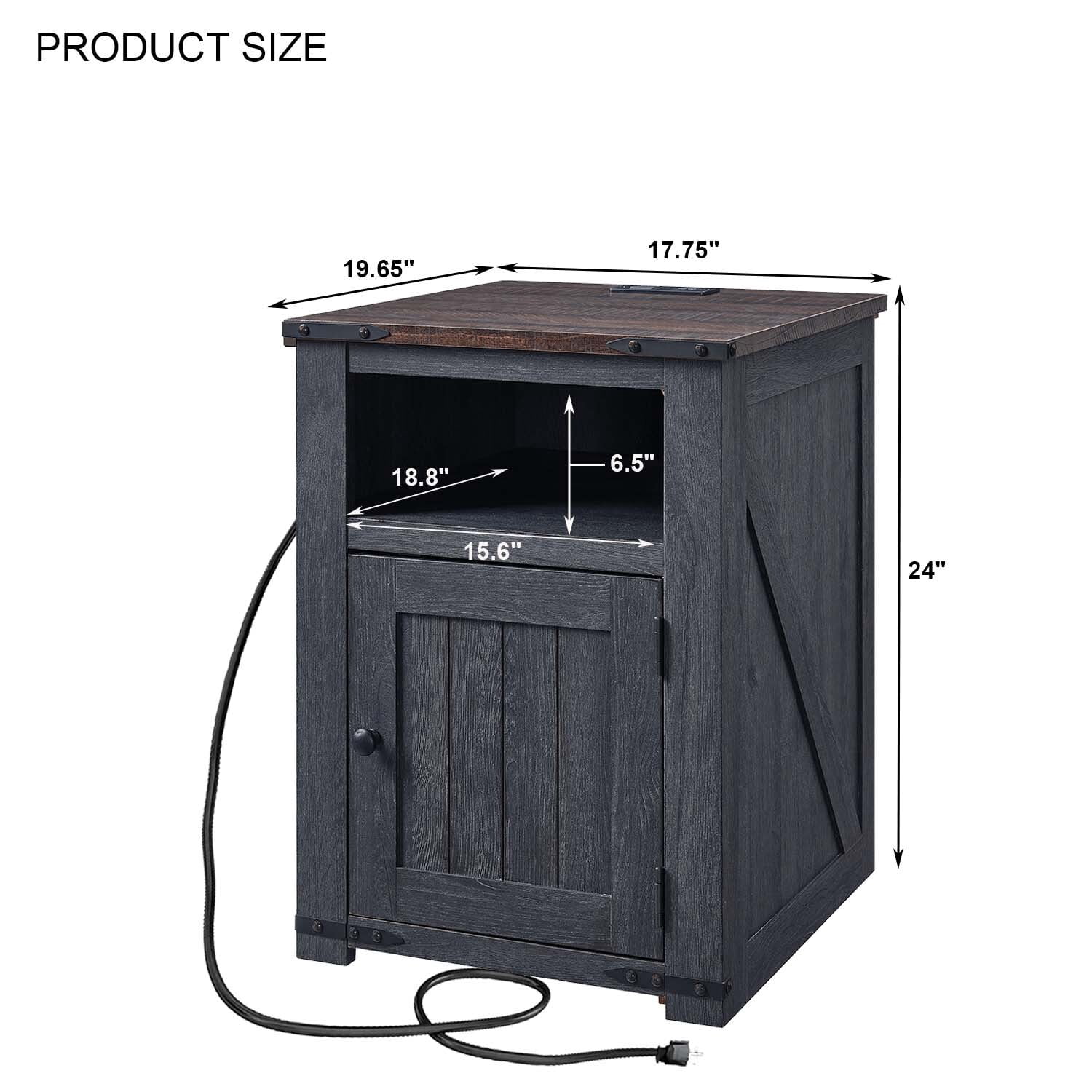 IFGET Farmhouse Nightstand with Charging Station, End Table with Banr Door Storage Cabinet & USB Ports & Power Outlets for Bedroom Living Room