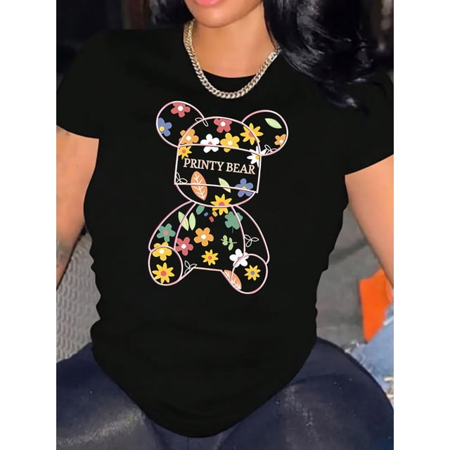 Camiseta informal con estampado de oso para mujer: cuello redondo, manga corta, algodón elástico, lavable a máquina. Perfecta para verano, ropa informal y camisetas de ocio.