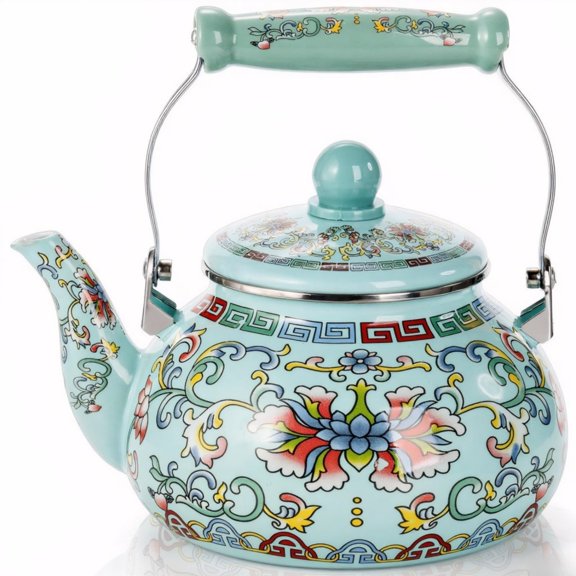 2.6 Quart Floral Enamel Tea Kettle, Vintage Enameled Teapot Stovetop, Enamel on Steel Water Coffee Tea Pot with Ceramic Handle, Colorful Hot Water Kettle for Home Kitchen Decor, No Whistling