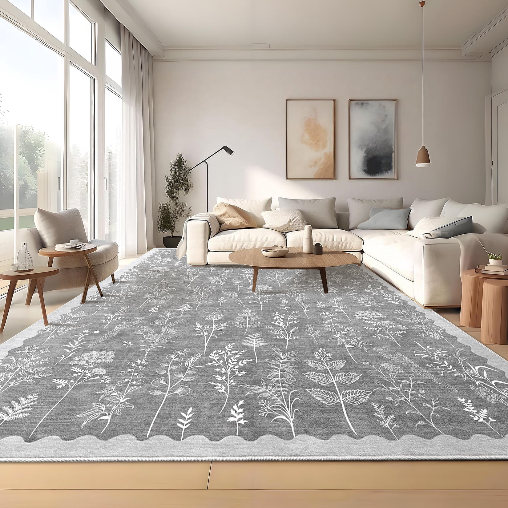 FairOnly Light Grey 8'x10'Low Pile Mordern Flower Printed Area Rug for Bedroom Kid's Room Non Slip Ultra Thin & Soft Rugs for Kitchen