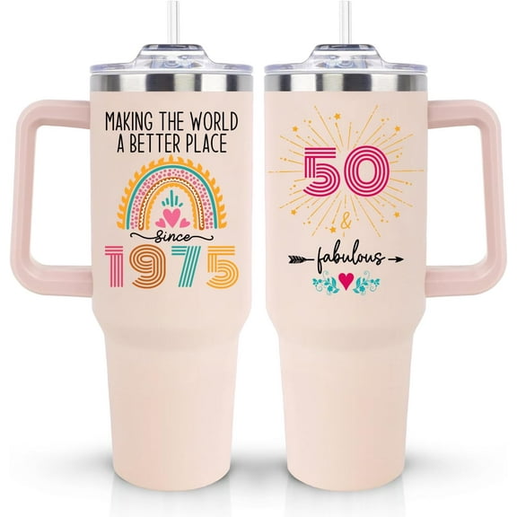 50th Birthday Gifts for Her Women, Cool Cute 1975 50th Birthday Gift for Turning 50 Year Old Woman, 50 and Fabulous Gifts for Women, 50th Birthday Decorations for Her, 40oz Tumbler Coffee Mug
