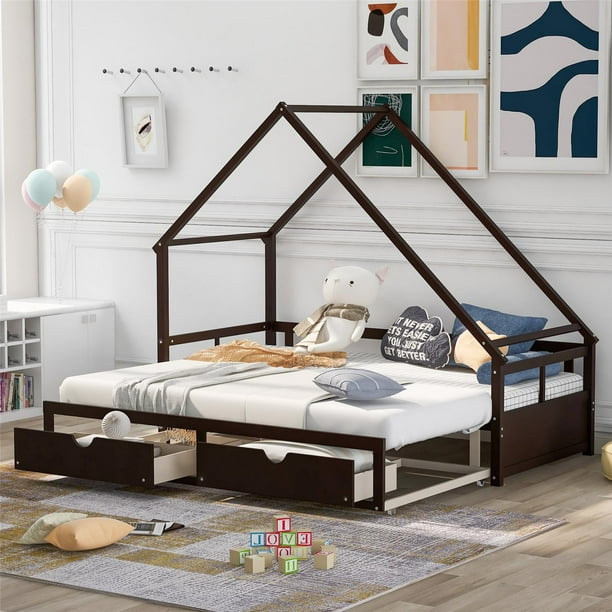Twin House Bed For Kids Toddlers Wooden Daybed Extendable With 2 Storage Drawers And Trundle Bedroom Living Room Can Be Expanded From To King Size No Box Spring Twin House Bed For Kids Toddlers, Trundle Bed Spring King Size