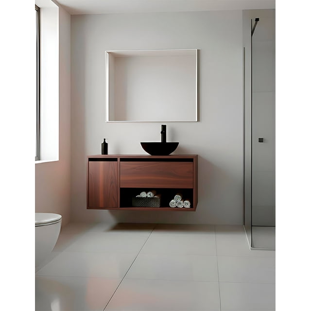 Gabinete para Baño con Ovalín y Llave Mezcladora, Mueble con Puerta y Cajón, Lavabo Moderno con Almacenamiento, Diseño Minimalista.