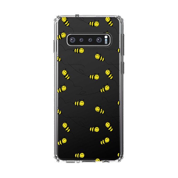 DistinctInk Clear Shockproof Hybrid Case for Samsung Galaxy S10 (6.1" Screen) - TPU Bumper, Acrylic Back, Tempered Glass Screen Protector - Repeating Bumble bees