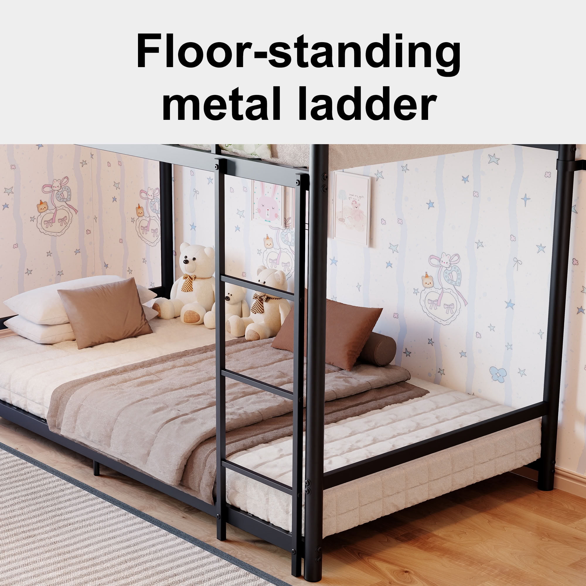 MAYEERTY Low Profile Metal Bunk Bed, Heavy Duty Twin Over Twin Bed Frame with Full-Length Guardrails, for Kids Teens Adults, Supports 330-440 lbs, No Box Spring Needed