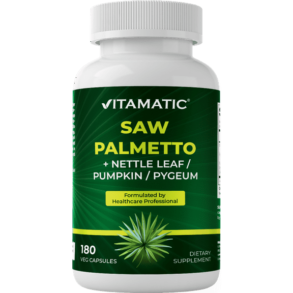 Vitamatic Saw Palmetto Extract for Men & Women 180 Veg Capsules - Made with Pumpkin Seed, Pygeum, Nettle Leaf - Made in The USA - Promotes Healthy Prostate Function