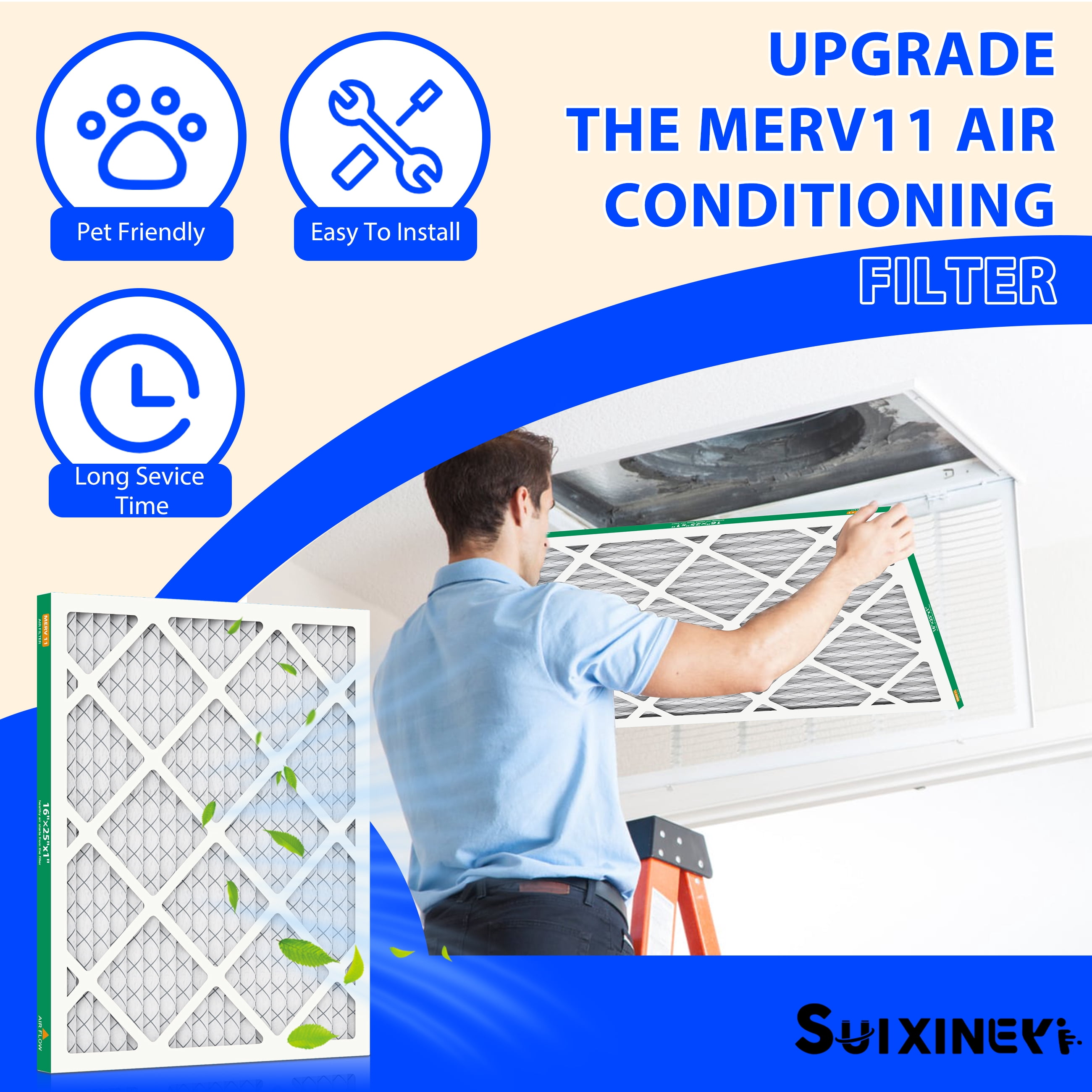 SUIXINEYI MERV11 16x25x1 AC Furnace HVAC Air Filter With Pleated Design in Non-Woven Fabric Air Conditioner for Home