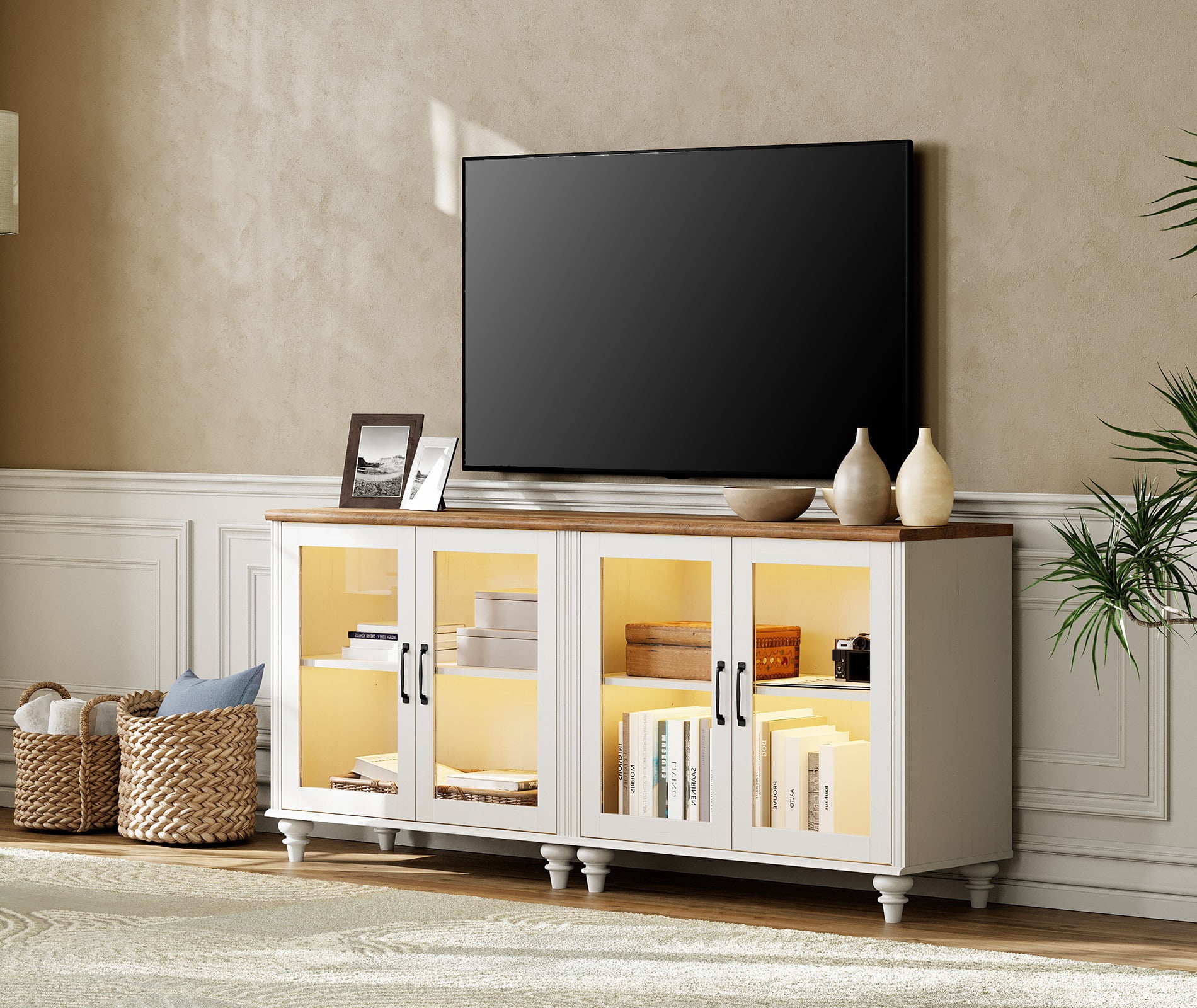Buffet Cabinet with Storage, Kitchen Sideboard with Glass Door & Adjustable Shelf, Modern Glass Entryway Table or Living Room Dining Room, Off White