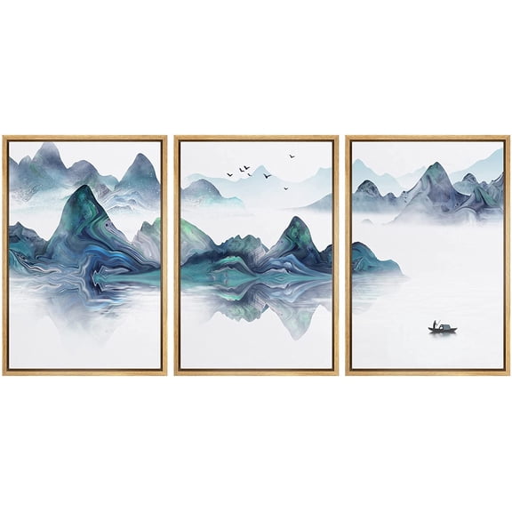 IDEA4WALL Framed Canvas Print Wall Art Set Pastel Blue Mountain Range Boat Sea Nature Wilderness Modern Art Decorative Landscape Rustic for Living Room, Bedroom, Office - 16"x24"x3 Natural