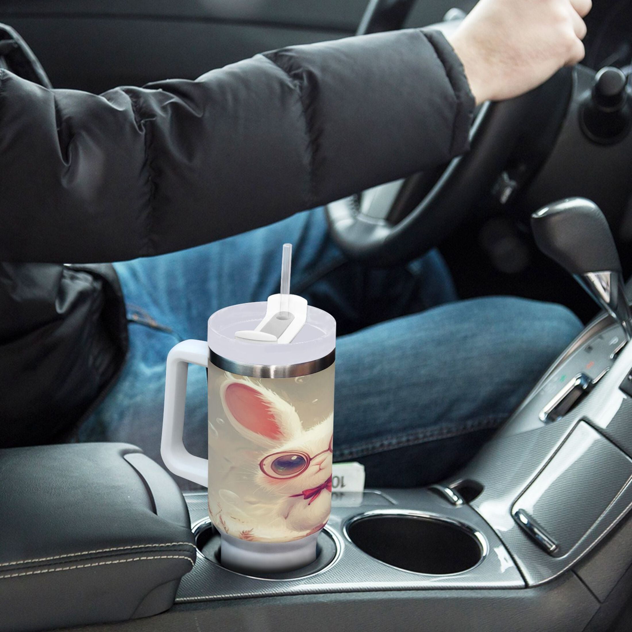40 Oz Car Handle Water Bottle Water Cup Water Bottle Water Jug Coffee Cup Travel Water Bottle Cartoon Rabbit with Glasses
