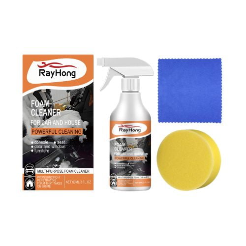 Limpiador de Espuma Rayhong para Interiores de Auto, Kit de 60ml para Volante, Tablero, Asientos de Tela y Plástico, Incluye Esponja y Toalla para Limpieza de Tapicería y Habitáculo