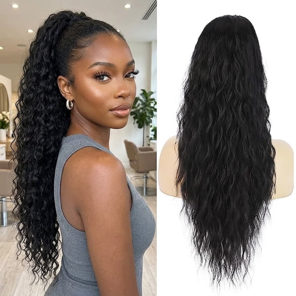 30 Inch Natural Black Long Curly Hair Extensions, Clip on Ponytail for Women, Matte Finish Synthetic Hairpiece