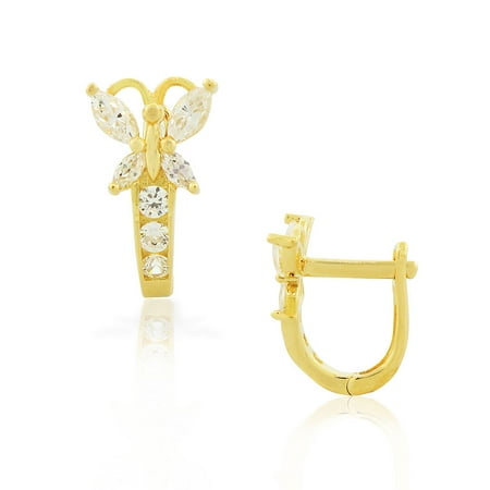 Small Butterfly Earrings - 925 Sterling Silver Yellow Gold-Tone White Multicolor CZ Butterfly Hoop Huggie Small Earrings