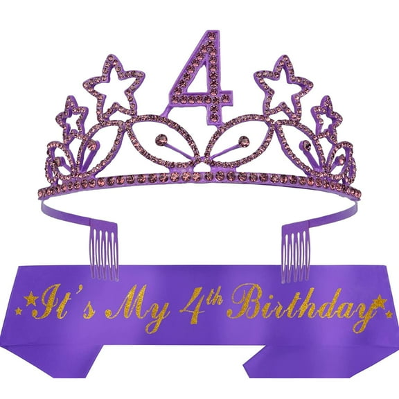 MEANT2TOBE 4th Birthday Sash and Tiara for Girls - Fabulous Glitter Sash   Stars Rhinestone Purple Premium Metal Tiara for Girls, 4th Birthday Gifts for Princess Party