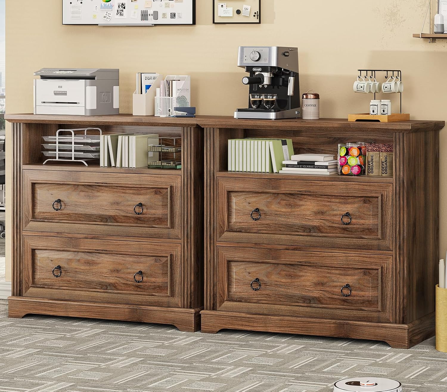 2 Drawer File Cabinet, Farmhouse Filing Cabinet for Home Office Fits Letter, Legal, A4 Size, Wood Lateral File Cabinet with Printer Stand, Storage Shelf, Brown