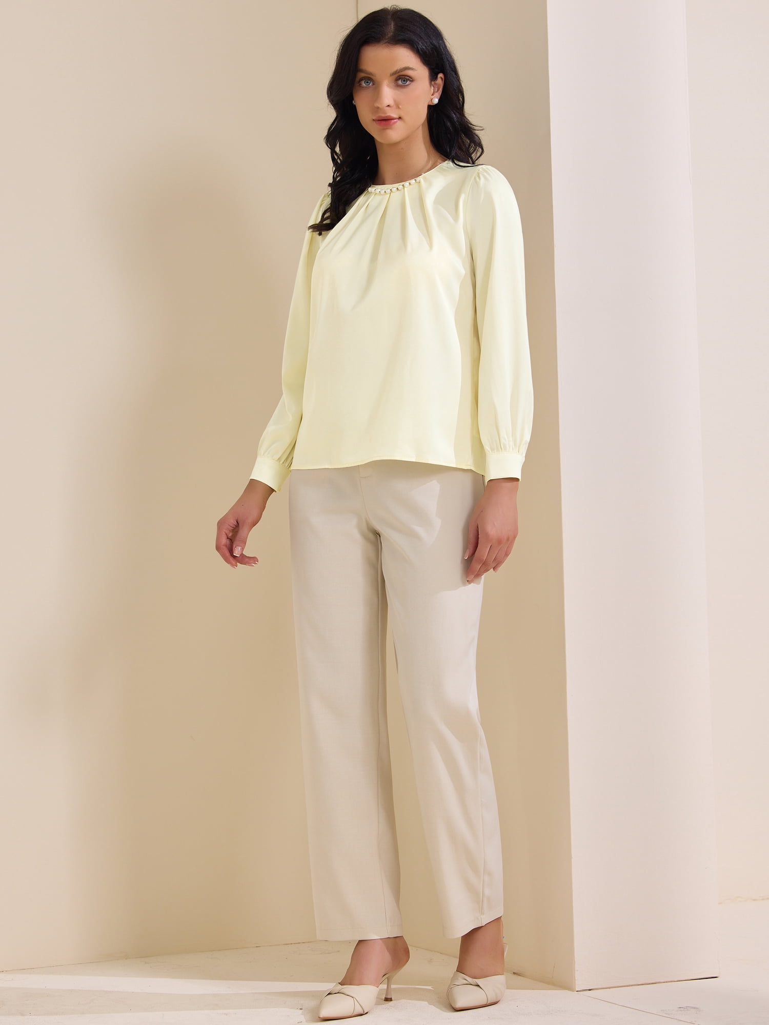 DARING DIVA Women's Elegant Blouse Pearl Decor Ruched Crew Neck Shirt Top M Beige